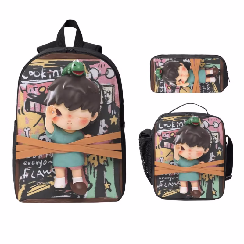 Backpack Students' BookBag, School Bag, Computer Shoulder Bags, 3ps Insulated Lunch Bag, Pencil Case, and Hirono Seeing
